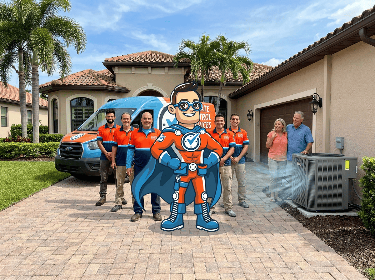 Climate Control Services team standing in front of a Palm Beach County home with their service van and Captain Right Away mascot